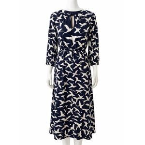 Talbots Petites Bird Print Dress Women's 8P Navy Ivory 3/4 Sleeve Elastic Waist
